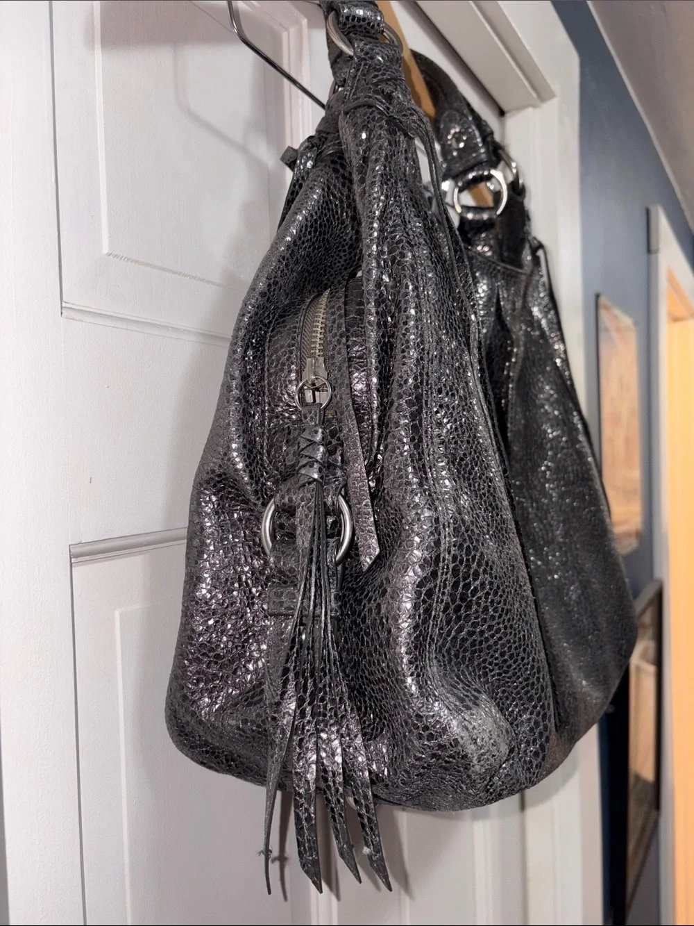 COACH Maggie Crinkle Gunmetal Silver Python Metallic Hobo Bag